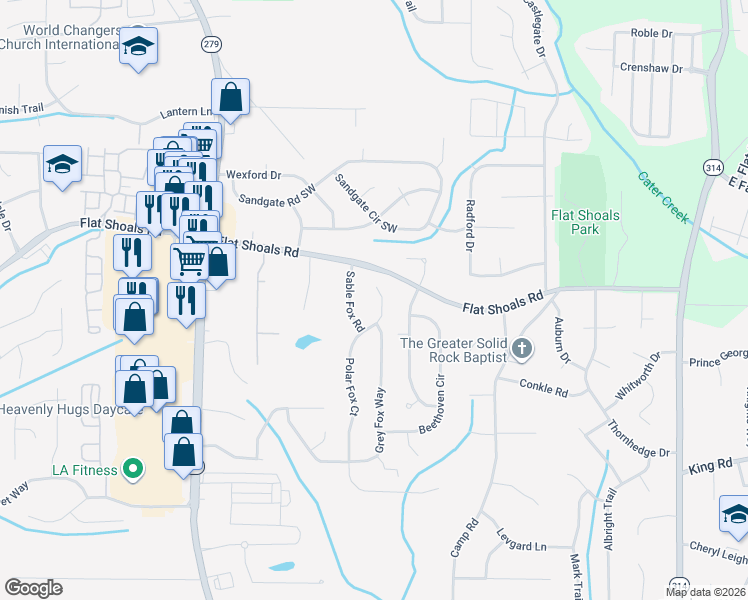 map of restaurants, bars, coffee shops, grocery stores, and more near 6229 Polar Fox Court in Riverdale