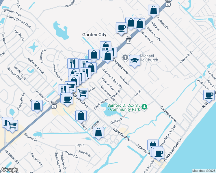 map of restaurants, bars, coffee shops, grocery stores, and more near 561 Yaupon Avenue in Murrells Inlet