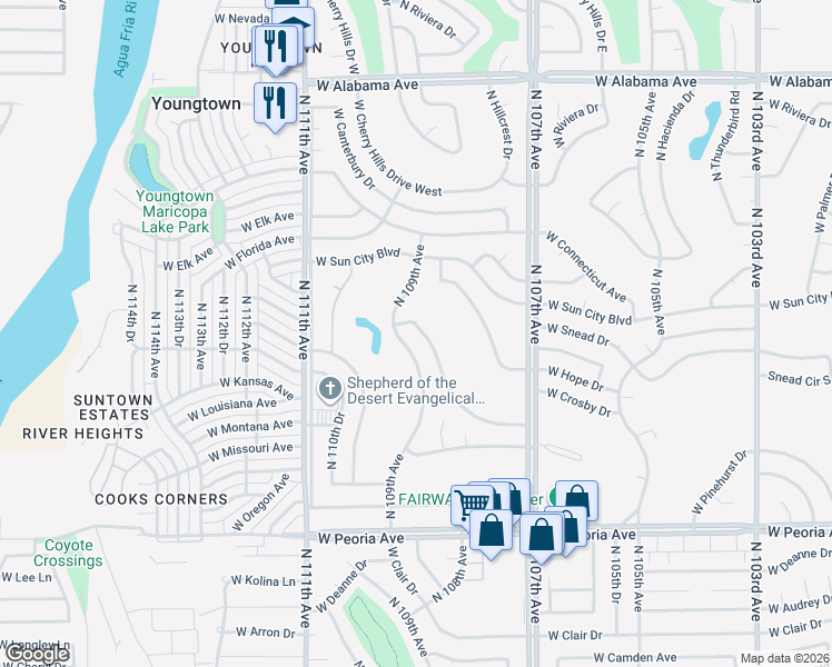 map of restaurants, bars, coffee shops, grocery stores, and more near 10867 West Crosby Drive in Sun City