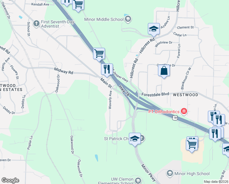 map of restaurants, bars, coffee shops, grocery stores, and more near 3437 Main Street in Adamsville