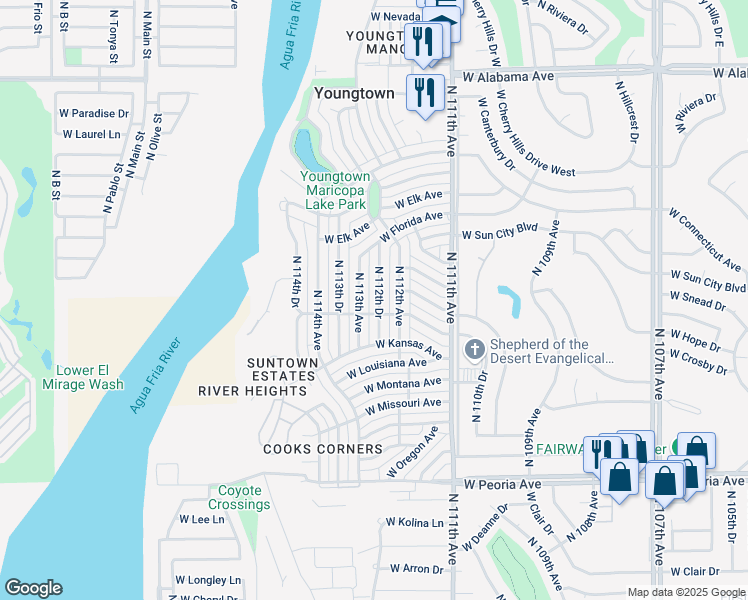 map of restaurants, bars, coffee shops, grocery stores, and more near 11384 North 112th Drive in Youngtown