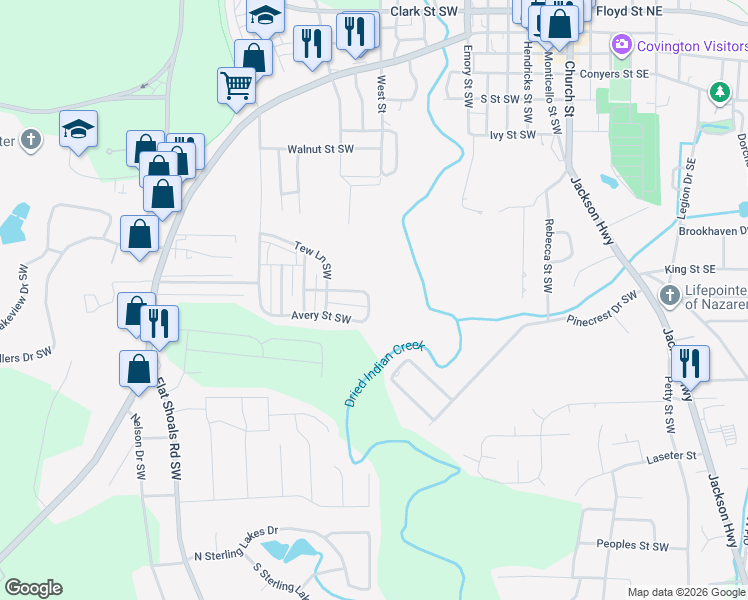 map of restaurants, bars, coffee shops, grocery stores, and more near 6376 Avery Street Southwest in Covington