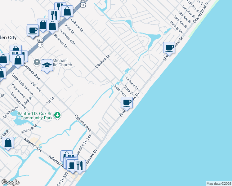 map of restaurants, bars, coffee shops, grocery stores, and more near 1117 Dogwood Drive North in Murrells Inlet