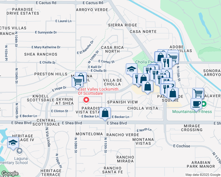 map of restaurants, bars, coffee shops, grocery stores, and more near 11031 North 110th Place in Scottsdale