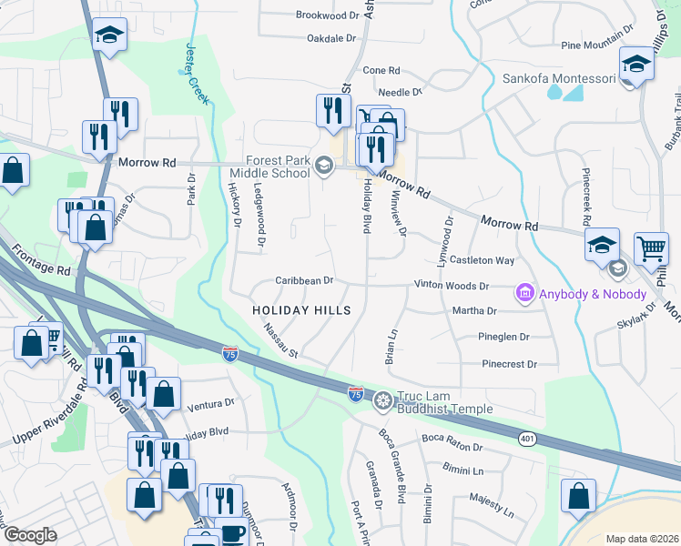 map of restaurants, bars, coffee shops, grocery stores, and more near 6162 Biscayne Drive in Forest Park