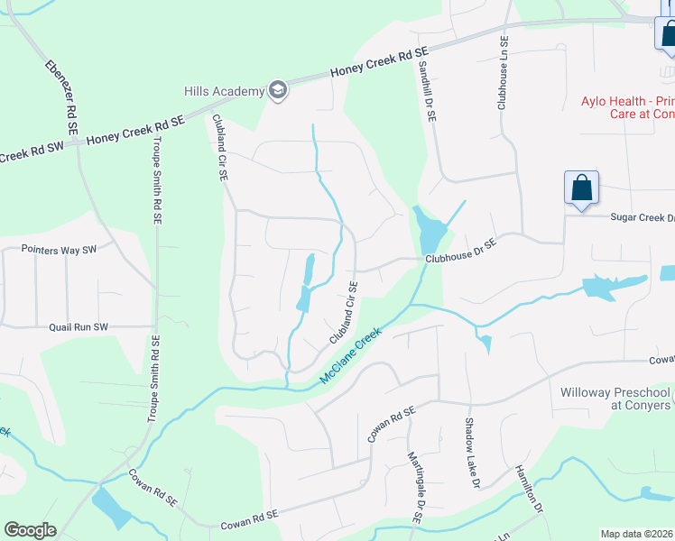 map of restaurants, bars, coffee shops, grocery stores, and more near 551 Clubhouse Drive Southeast in Conyers