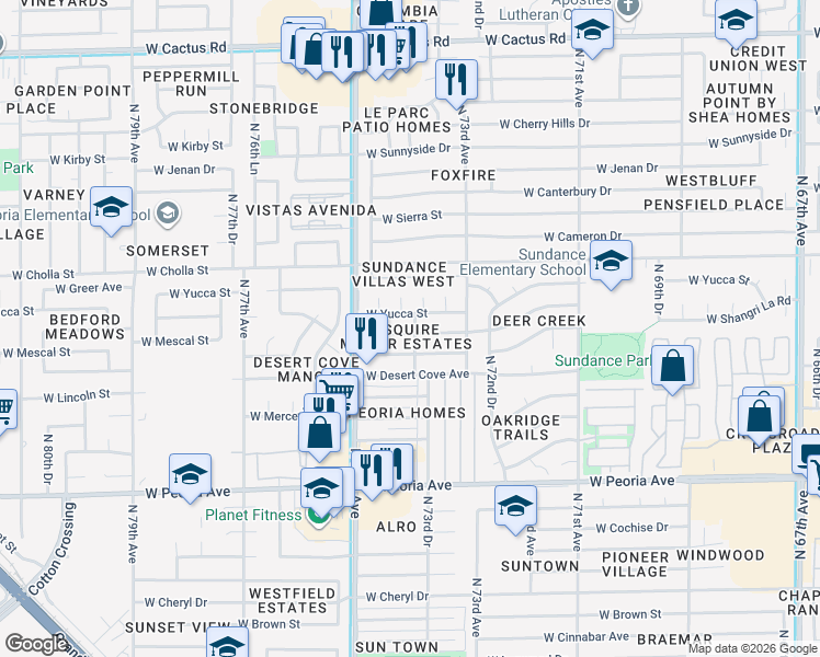 map of restaurants, bars, coffee shops, grocery stores, and more near 7402 West Shangri-La Road in Peoria