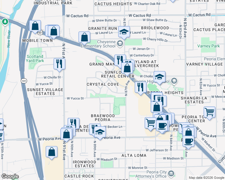 map of restaurants, bars, coffee shops, grocery stores, and more near 8766 West Christopher Michael Lane in Peoria