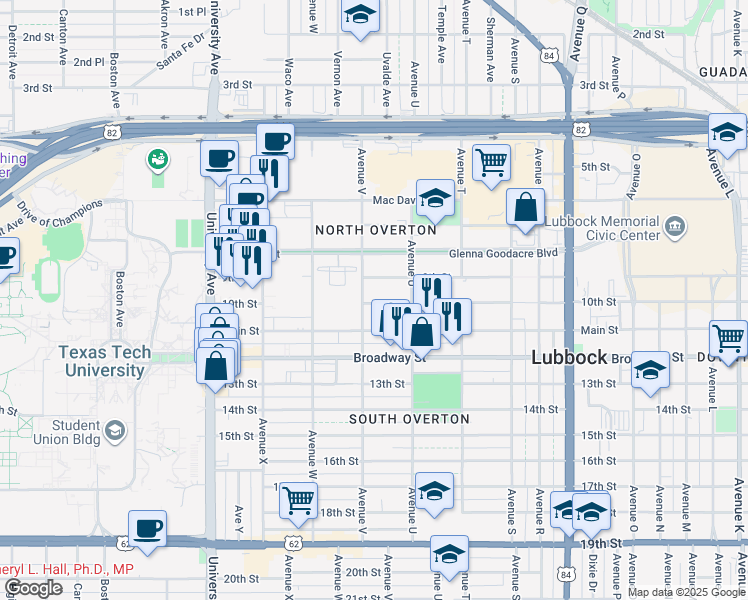 map of restaurants, bars, coffee shops, grocery stores, and more near 2132 10th Street in Lubbock