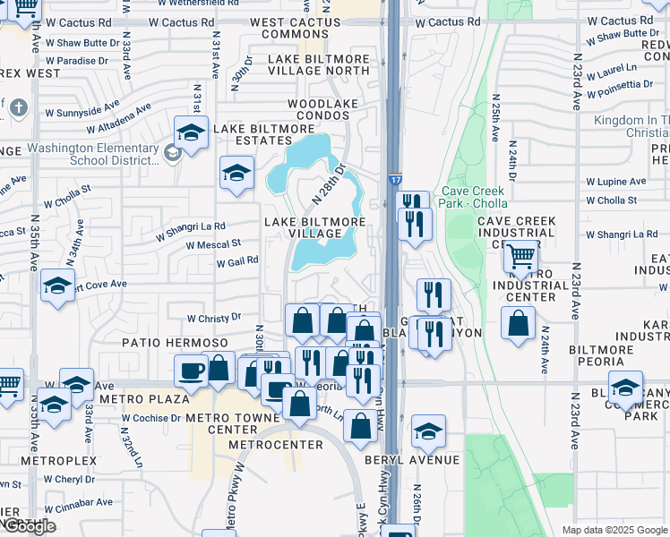 map of restaurants, bars, coffee shops, grocery stores, and more near 10828 North Biltmore Drive in Phoenix