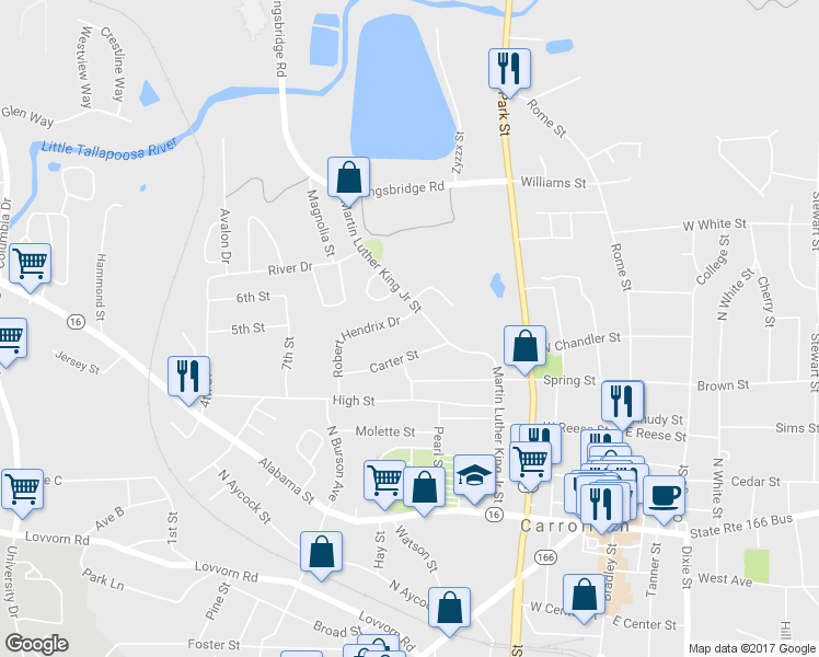 map of restaurants, bars, coffee shops, grocery stores, and more near 104 Robert Hendrix Drive in Carrollton