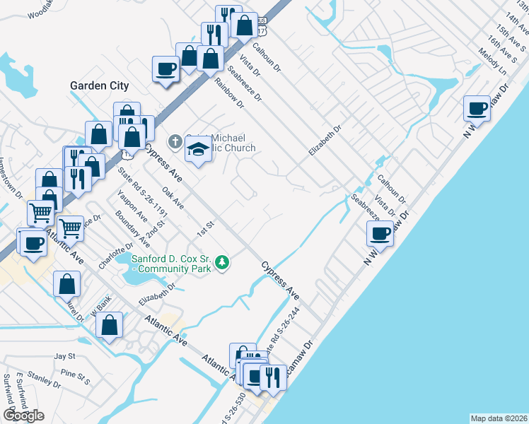 map of restaurants, bars, coffee shops, grocery stores, and more near 703 Triple Oak Lane in Murrells Inlet