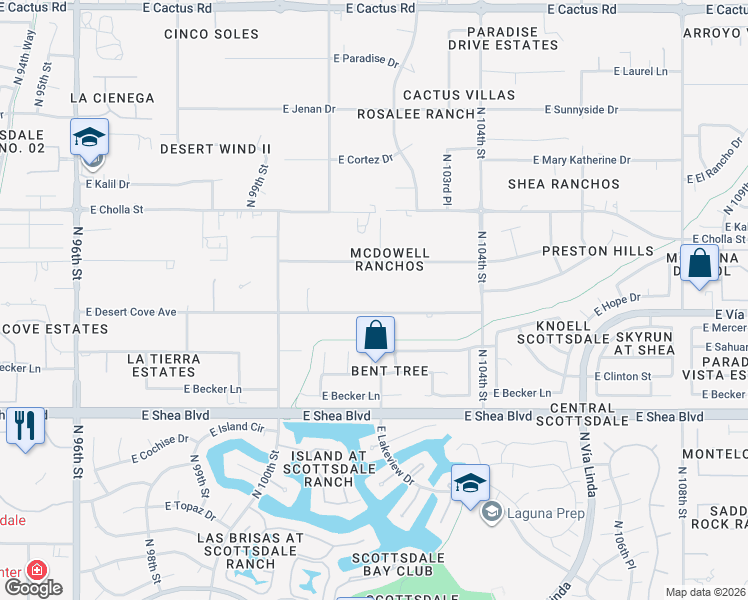 map of restaurants, bars, coffee shops, grocery stores, and more near 10180 East Desert Cove Avenue in Scottsdale