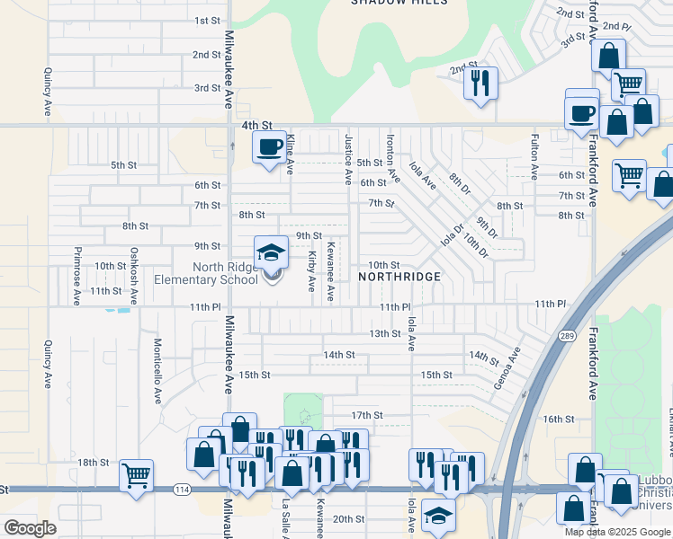 map of restaurants, bars, coffee shops, grocery stores, and more near 915 Kewanee Avenue in Lubbock
