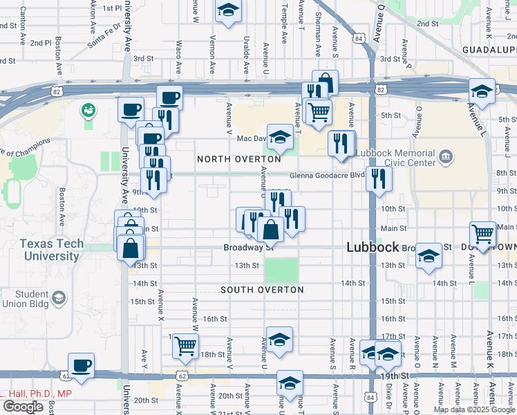 map of restaurants, bars, coffee shops, grocery stores, and more near 2102 10th Street in Lubbock