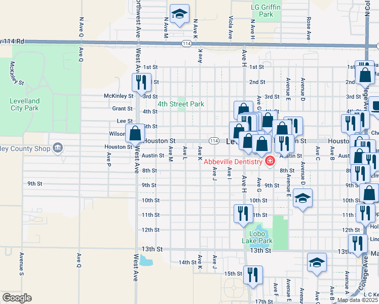 map of restaurants, bars, coffee shops, grocery stores, and more near 1207 Austin Street in Levelland