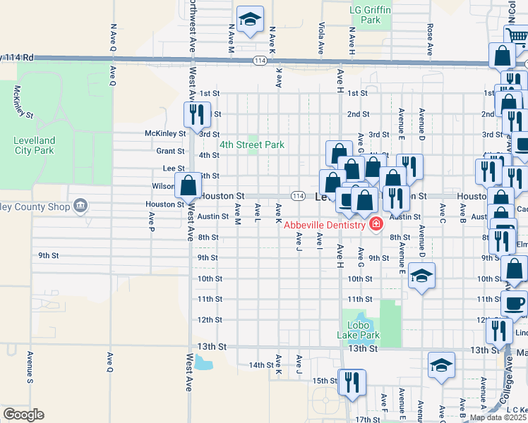 map of restaurants, bars, coffee shops, grocery stores, and more near 1207 Austin Street in Levelland
