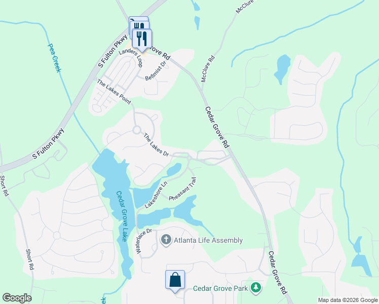 map of restaurants, bars, coffee shops, grocery stores, and more near 7625 Cedar Grove Court in Fairburn