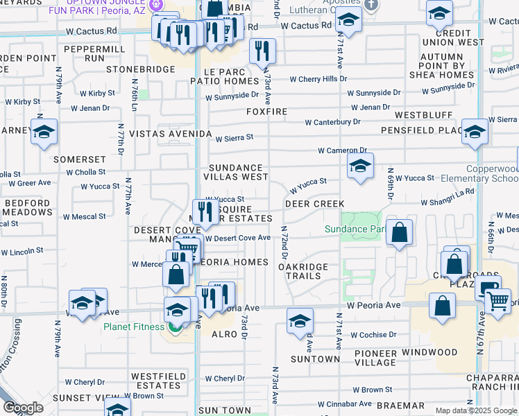 map of restaurants, bars, coffee shops, grocery stores, and more near 7322 West Shangri-la Road in Peoria