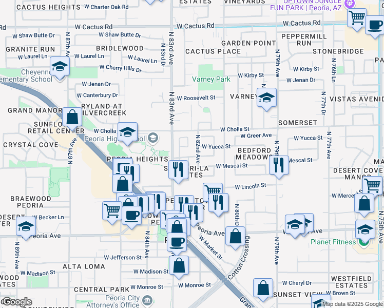 map of restaurants, bars, coffee shops, grocery stores, and more near 8212 West Shangri-la Road in Peoria