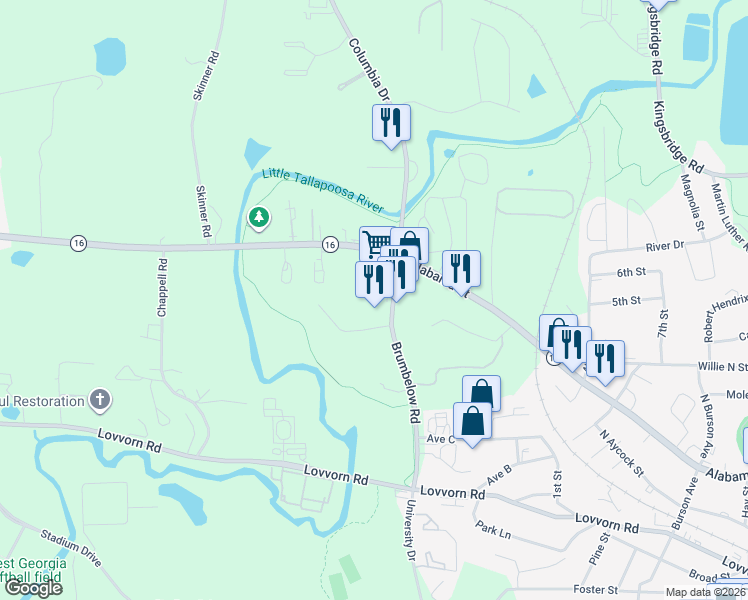 map of restaurants, bars, coffee shops, grocery stores, and more near 203 Brumbelow Road in Carrollton