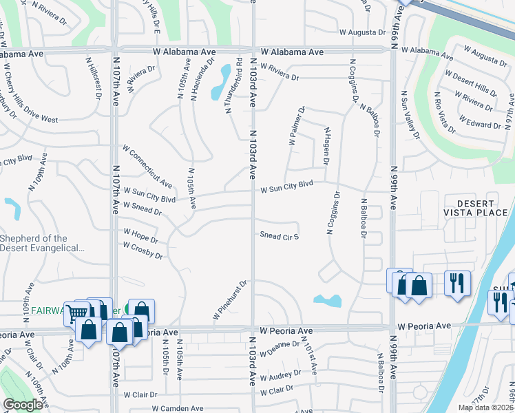 map of restaurants, bars, coffee shops, grocery stores, and more near 11215 North 103rd Avenue in Sun City