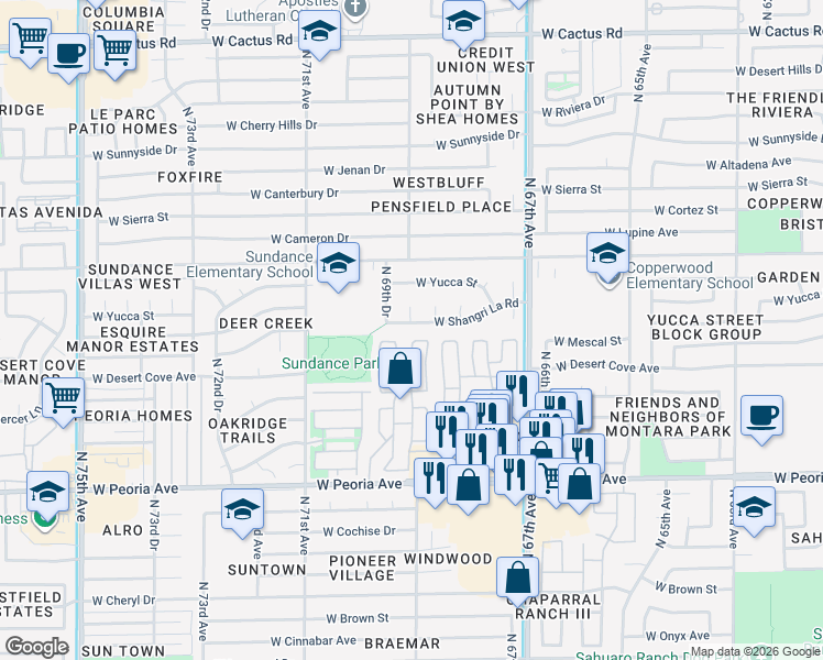 map of restaurants, bars, coffee shops, grocery stores, and more near 6857 West Shangri-la Road in Peoria