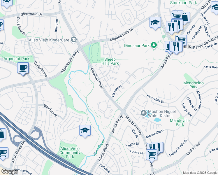 map of restaurants, bars, coffee shops, grocery stores, and more near 12 Shadow Hill Lane in Aliso Viejo