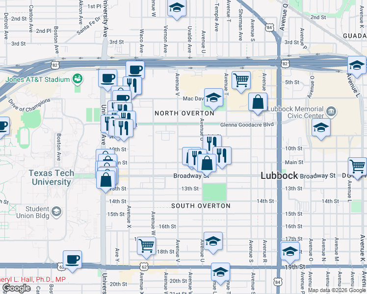 map of restaurants, bars, coffee shops, grocery stores, and more near 2132 10th Street in Lubbock