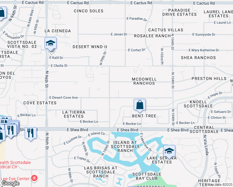map of restaurants, bars, coffee shops, grocery stores, and more near 10024 East Desert Cove Avenue in Scottsdale