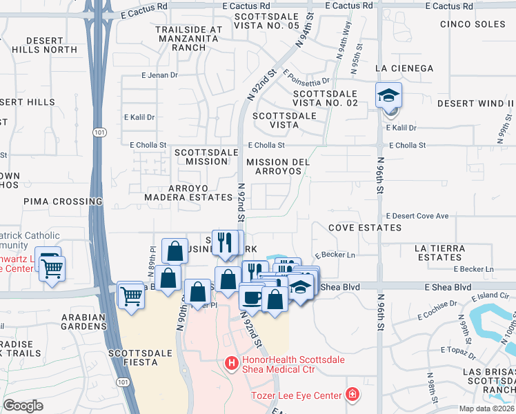 map of restaurants, bars, coffee shops, grocery stores, and more near 11011 North 92nd Street in Scottsdale