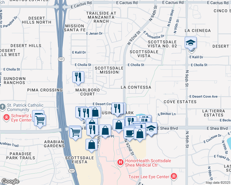 map of restaurants, bars, coffee shops, grocery stores, and more near 11150 North 92nd Street in Scottsdale
