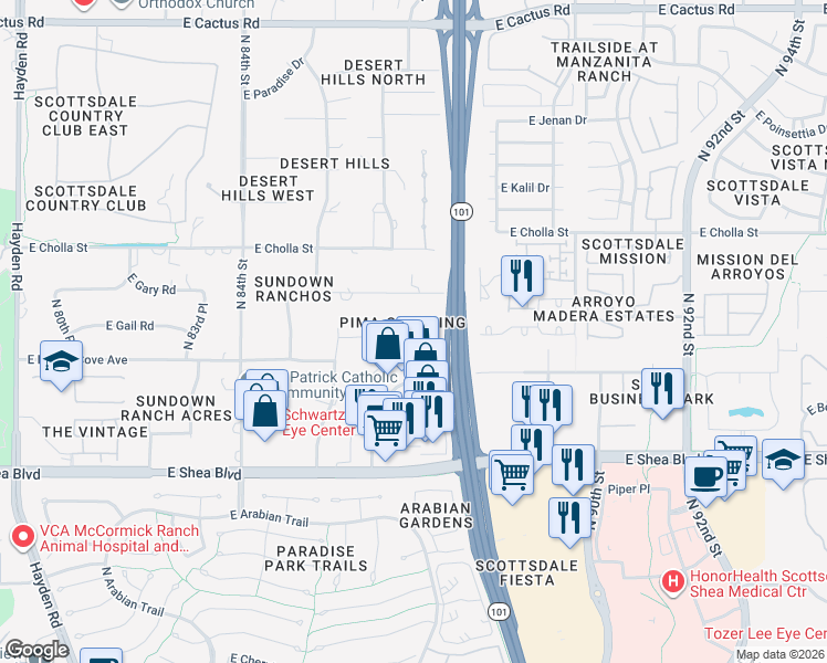 map of restaurants, bars, coffee shops, grocery stores, and more near 8649 East Gail Road in Scottsdale
