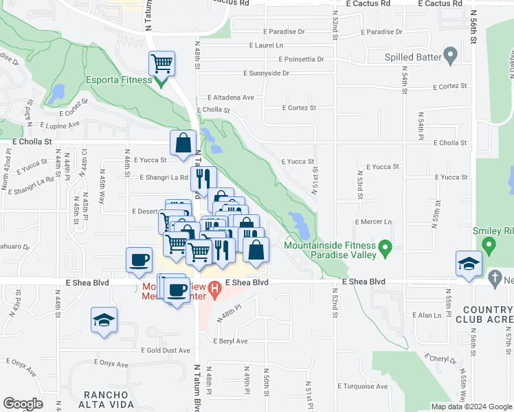 map of restaurants, bars, coffee shops, grocery stores, and more near 5122 East Shea Boulevard in Scottsdale
