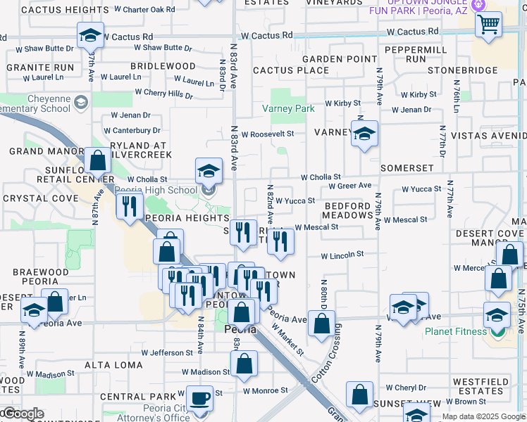 map of restaurants, bars, coffee shops, grocery stores, and more near 8212 West Shangri-la Road in Peoria