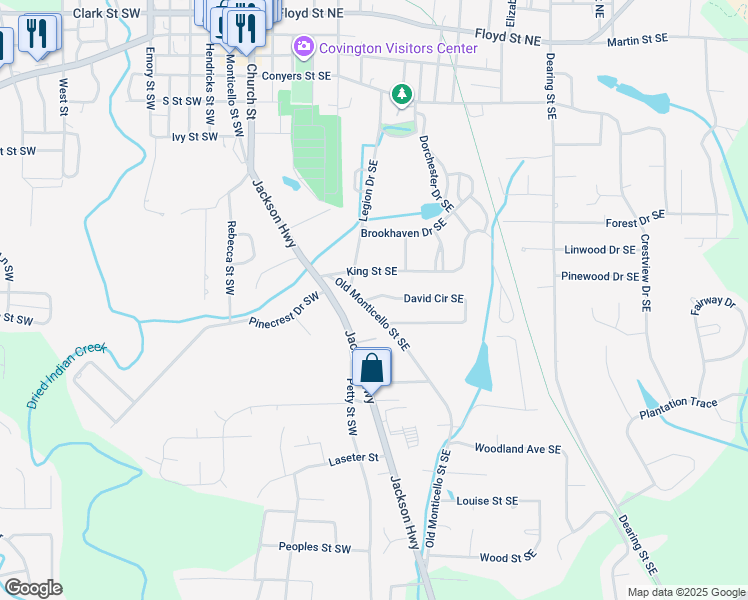 map of restaurants, bars, coffee shops, grocery stores, and more near 5141 Old Monticello Street Southeast in Covington