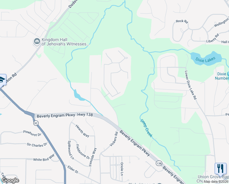 map of restaurants, bars, coffee shops, grocery stores, and more near 5893 Black Top Way in Fairburn