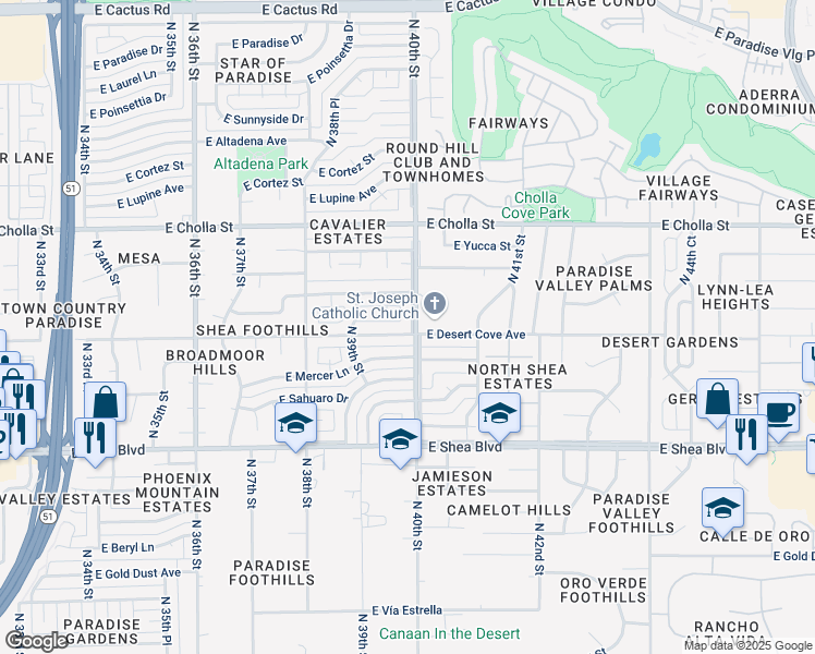 map of restaurants, bars, coffee shops, grocery stores, and more near 3950 East Desert Cove Avenue in Phoenix