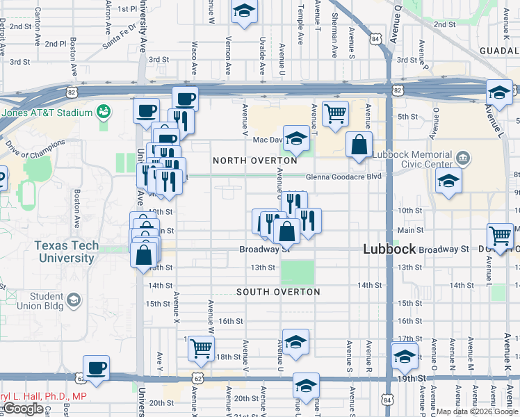 map of restaurants, bars, coffee shops, grocery stores, and more near 2132 10th Street in Lubbock