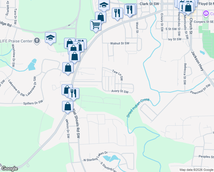 map of restaurants, bars, coffee shops, grocery stores, and more near 6159 Avery Street Southwest in Covington