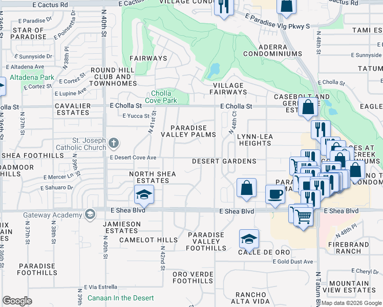 map of restaurants, bars, coffee shops, grocery stores, and more near 4252 East Desert Cove Avenue in Phoenix