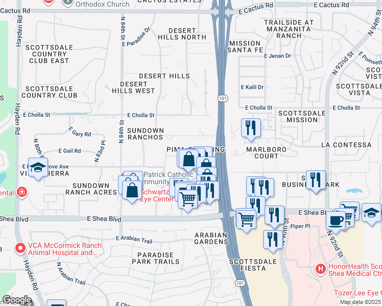 map of restaurants, bars, coffee shops, grocery stores, and more near 8649 East Gail Road in Scottsdale