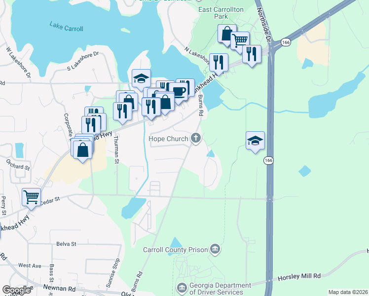 map of restaurants, bars, coffee shops, grocery stores, and more near 401 Burns Road in Carrollton