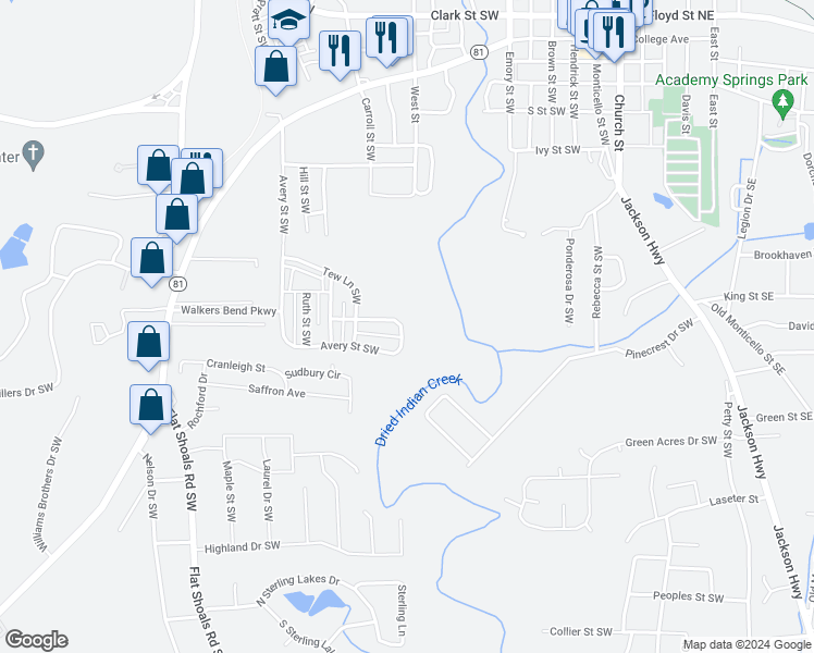 map of restaurants, bars, coffee shops, grocery stores, and more near 6378 Avery Street Southwest in Covington