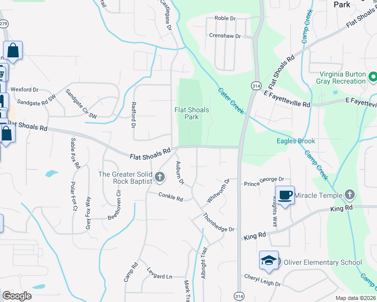 map of restaurants, bars, coffee shops, grocery stores, and more near 1938 Flat Shoals Road in Riverdale