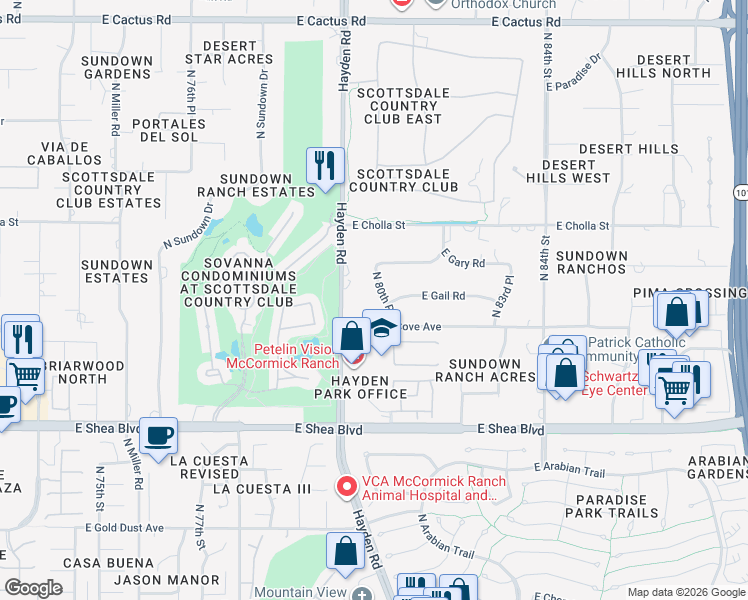 map of restaurants, bars, coffee shops, grocery stores, and more near 11024 North 80th Place in Scottsdale