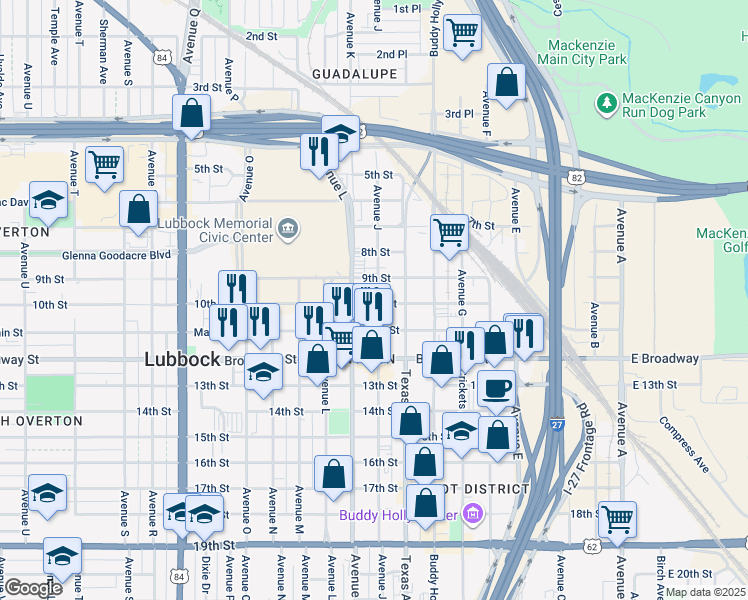 map of restaurants, bars, coffee shops, grocery stores, and more near 1102 10th Street in Lubbock