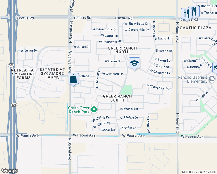 map of restaurants, bars, coffee shops, grocery stores, and more near 16005 West Yucatan Drive in Surprise