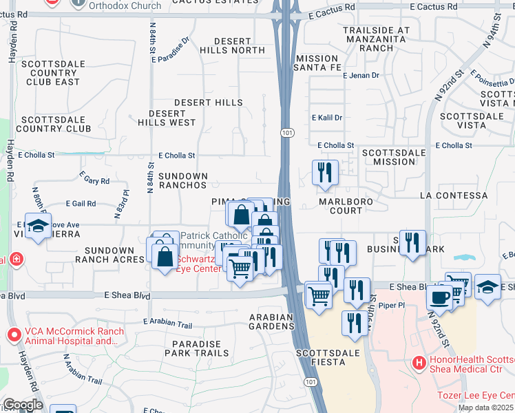 map of restaurants, bars, coffee shops, grocery stores, and more near 8649 East Gail Road in Scottsdale