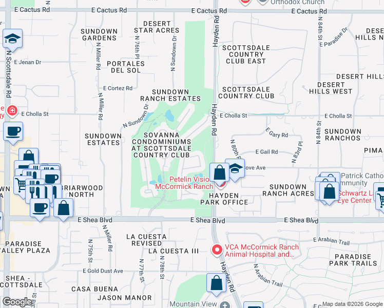 map of restaurants, bars, coffee shops, grocery stores, and more near 7922 East Gail Road in Scottsdale